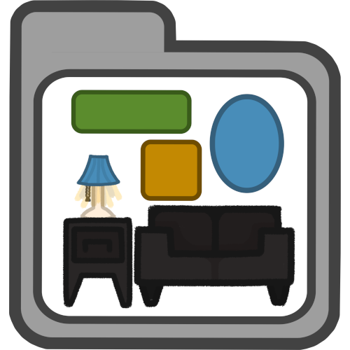 a dark brown square side table on the left with a lamp on top, a dark down rectangular couch on the right, a green rectangle, a yellow square, and a blue oval on the wall / above the furniture on a white folder